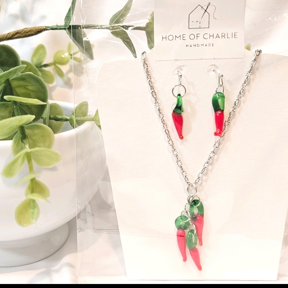 Hot Red Glass Chili Pepper Necklace and Drop Earring Jewelry Set